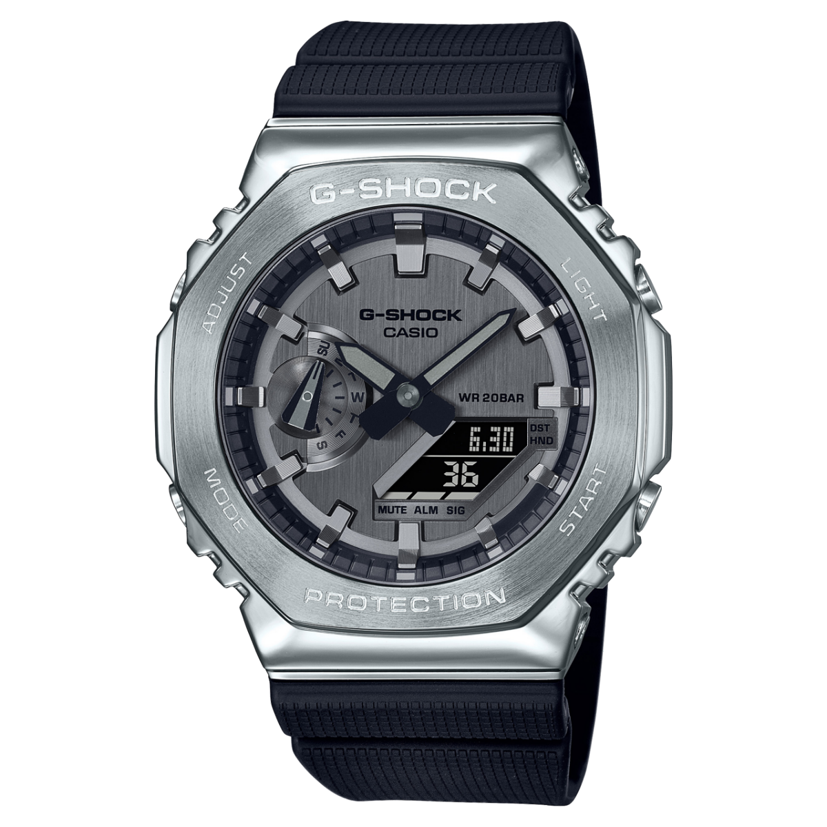 Silver GM-2100 watch with a black resin strap